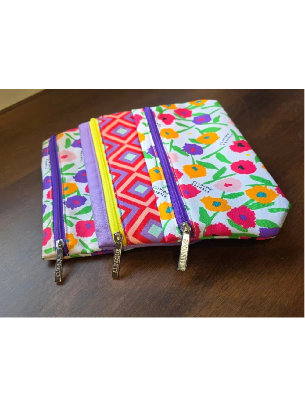 Women's Clinique Cosmetic Bags & Cases One Size White Purple Floral Set of 3